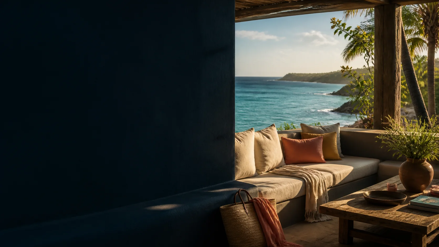 An oceanfront terrace overlooking a turquoise coastline